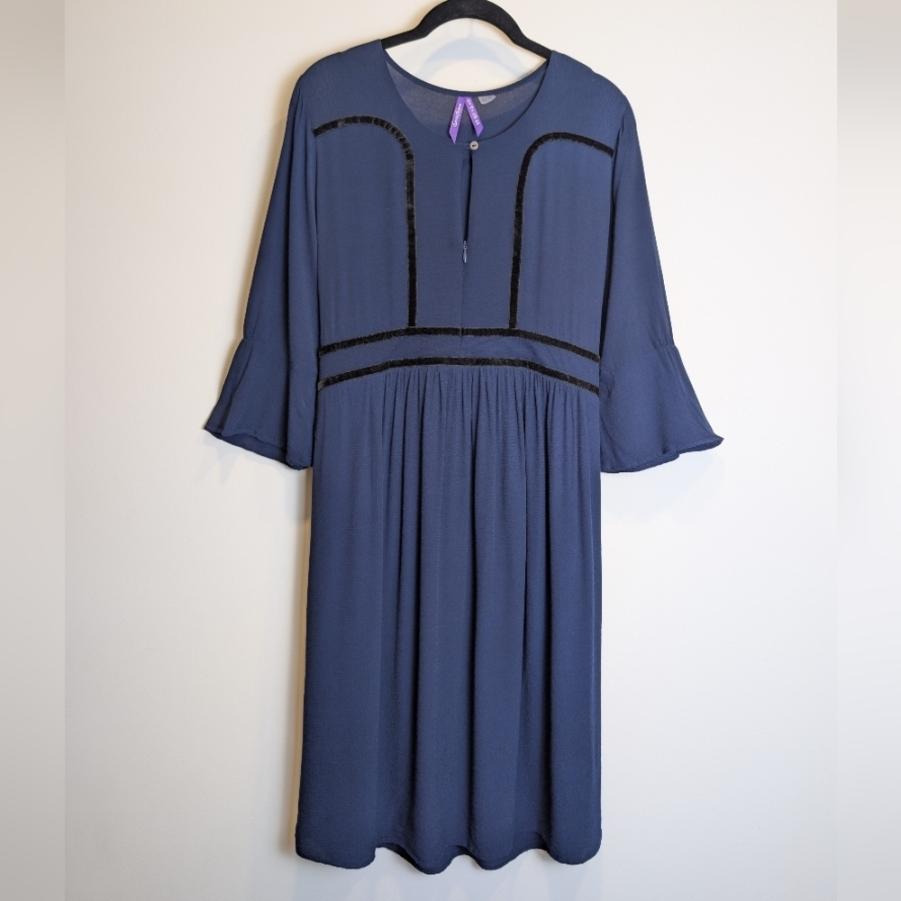 Séraphine Navy Blue Velvet Trim Maternity Bell Sleeve Dress US Size 4